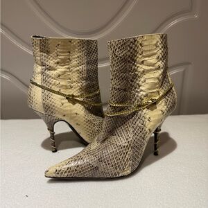 Alexandra Neel Elegant Snakeskin Heeled Boots with Gold Chain